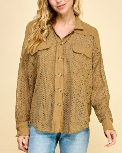 Ice Carmel Mocha Lace Button Up Top