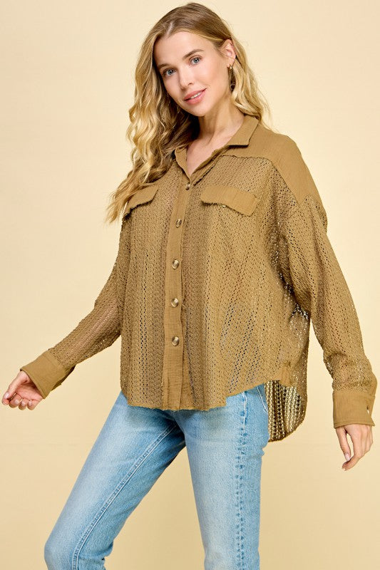 Ice Carmel Mocha Lace Button Up Top